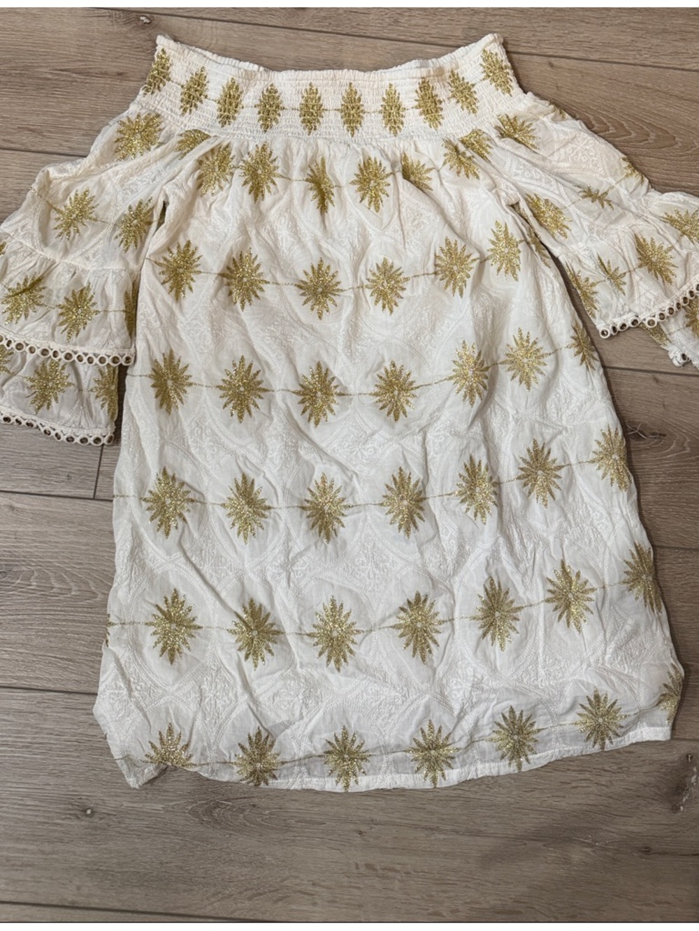 Boston Proper White Smocked Top with Black Logo Tags